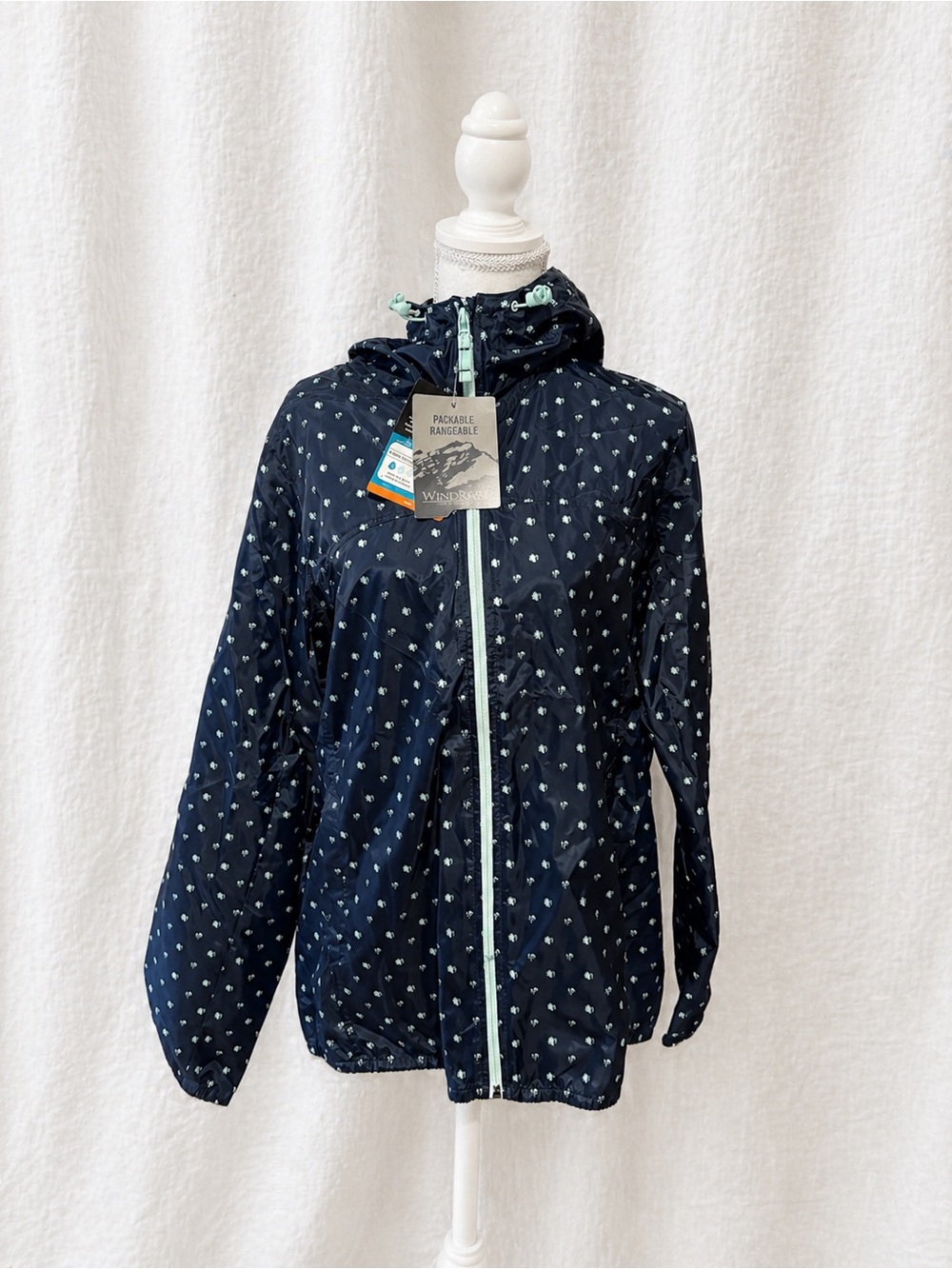 Packable Navy Hooded Rain Jacket with Mint Trim
